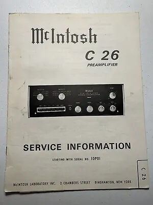 McIntosh C26 C-26 Preamplifier Preamp Service Information Original Manual • $19.99