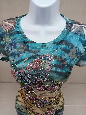 S Twelve Womens Large Multocolored Rhinestone Butterfly Short Sleeve Tee Flaw • $15.99