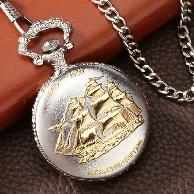 Silver Golden Military U.S Navy USS Constitution Sail Frigate Pocket Watch Gifts • $4.74