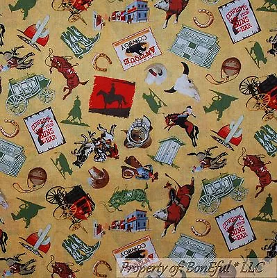 BonEful Fabric FQ Cotton Quilt Yellow Red Cowboy Western Wagon Horse Antique VTG • $5.07