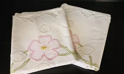 Hand AppliqueFlower Vintage Embroidered Pillow Case Pr Crochet Edge Cottage Core • $16