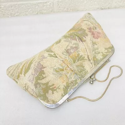 VTG‼ Floral Textured Tapestry Purse Kiss Lock Clutch W/ Chain Cottagecore • VG‼ • $19.95