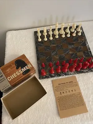 $60 • Buy Vintage 1958 Milton Bradley Chess Set Red/White Chessmen & Marble Chess Board!