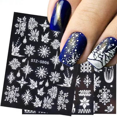 Christmas 5D Nail Sticker White Snowflake Embossed Decal Nail Art Decoration • $2.35