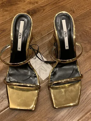 £39 • Buy Zara Gold Metallic Square Toe Wedge Sandals Mules Size 39 EU 6 UK