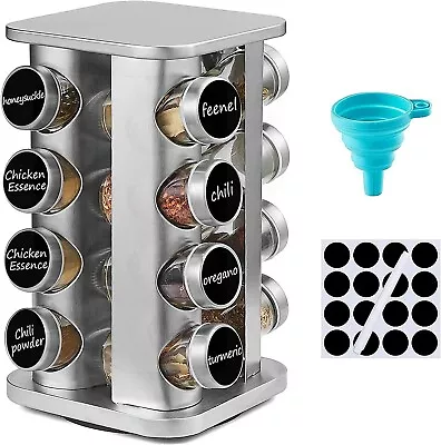 NEW Stainless Steel 16 Jar Revolving Spice Rack Stand Carousel Rotating Glass • £22.99