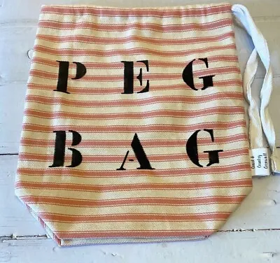 Pink & Cream Ticking Fabric Drawstring Peg Bag With Base - Made In Cornwall - • £15.75