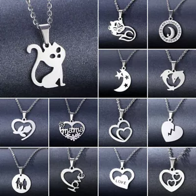 Fashion Stainless Steel Heart Cat Pendant Necklace Chain Women Men Jewelry Gifts • $1.16