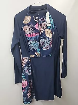 Hanyimidoo Womens Muslim Padded Swimsuit Size L UK 14 Navy Long Sleeves Burkini • £11