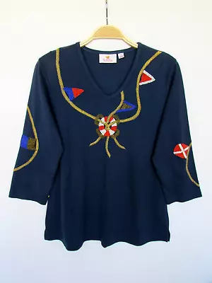 QUACKER FACTORY WOMANS M Dark Blue Beaded Nautical Cotton Stretch T-SHIRT • $12