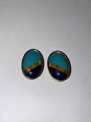 Vintage Turquoise Color And Navy With Gold Color Stripe Earrings Clip On 925 KY • $17.77