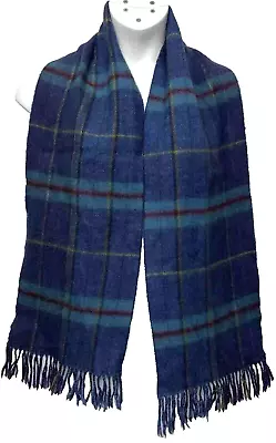 Vintage WoolMark 100% Pure New Wool Scarf Blue Plaid Pattern - 62  X 11  • $15.99