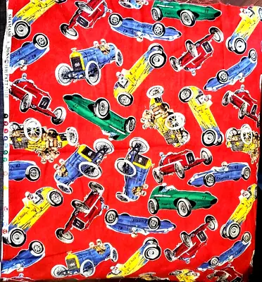 Shamash & Sons Fabric Red With Vintage Race Cars 19x45  - New - Unused • $9.99