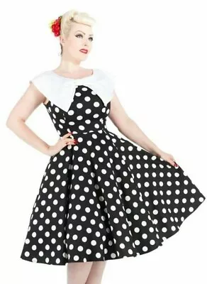 H & R London Molly BIG BOW WHITE POLKA DOTS Pilgrim Collar Swing Dress 9078 • $40