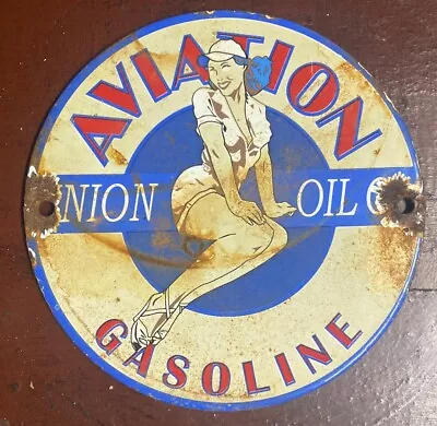 6” Union Oil Co Aviation Gasoline PINUP GIRL Porcelain Gas Pump Plate Sign • $9.99