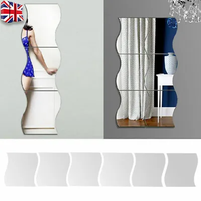 6Pcs Mirror Tiles Wavy Mosaic Wall Stickers Self-Adhesive Stick On Art Decal UK • £4.49