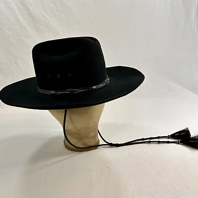 Vtg BAILEY Black Wool Cowboy Hat HORSEHAIR Tassel CHIN STRAP Yellowstone Western • $49