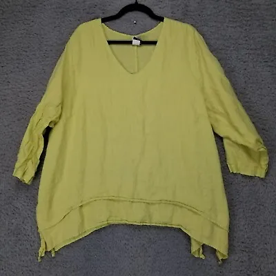 La Fixsun Shirt Womens 1X Yellow 100% Linen Long Sleeve V Neck Top • $39