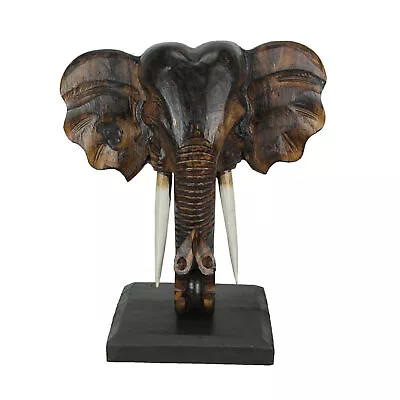 Wooden Carved African Elephant Head Bust Sculpture With Stand Home Decor Wall • $80.37