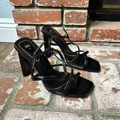 Zara Black Strap Squared Toe  High Heeled Sandals Shoes Size 8 • $40