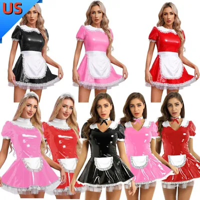 US Womens PVC Leather French Maid Cosplay Costume Dress Halloween Fancy Dress • $19.57