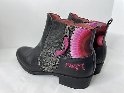 £24.49 • Buy Desigual Boots Women SIze 39 (8 US) Black Flat Pink Rainbow Side Zip Ankle