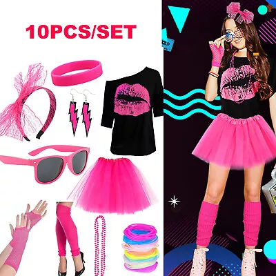 80s Costume Accessories Set T-Shirt Tutu Headband Earring Necklace Leg Warmers • $35.95