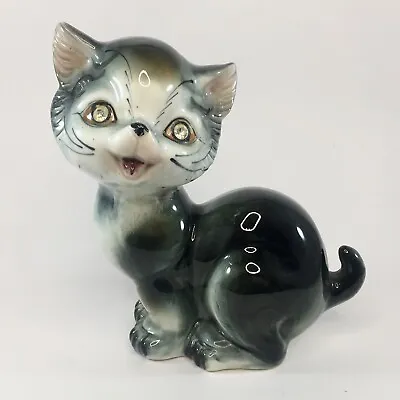 Vintage West Pac Japan Calico Kitten Cat Rhinestone Eyes Ceramic 6-3/4  Figurine • $12.99