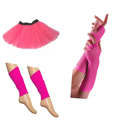 Race For Life Pink Neon Tutu Skirt Gloves Legwarmers 80s Hen Party Fancy Dress • £7.99