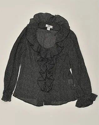 VINTAGE Womens Ruffle Front Shirt Blouse UK 12 Medium  Black Polka Dot AK60 • $14.01
