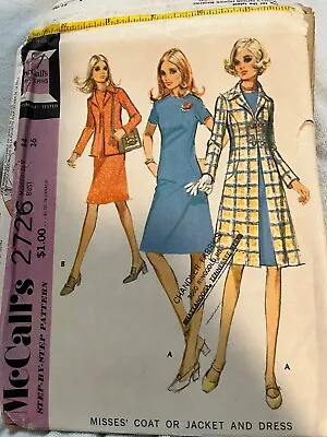 Vintage McCalls Pattern 2726 Misses Coat/jacket & Dress Size 14-bust 36 - Uncut • $4.50