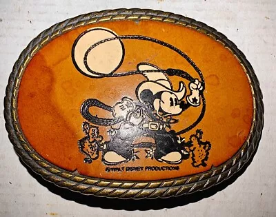 Rare Vtg Mickey Mouse Belt Buckle Cowboy Lasso Brass Leather Walt Disney Prod • $39.99