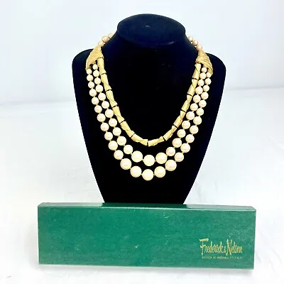 Vintage Frederick & Nelson Pearl Necklace 3 Strand Gold Tone Costume Jewelry • $92.99