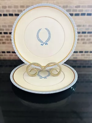 1940s Monticello By Steubenville Plates Cream W/ Blue Edge & Wreath GOLD Trim • $60