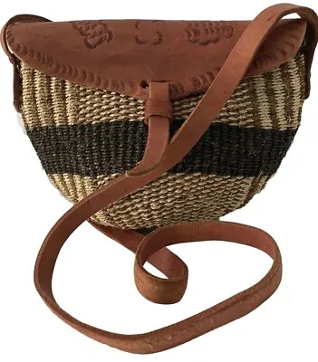Vintage Leather Hand Tooled Sisal Jute Crossbody Shoulder Bucket Bag Boho Ethnic • $38.50