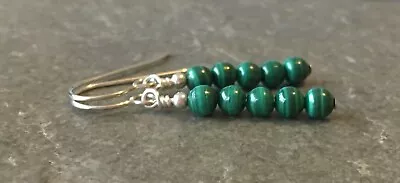 Green Malachite - Real Banded Gemstone Sterling Silver Drop Earrings Gift Box • £8.95