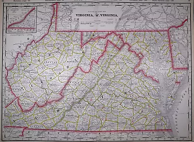 1889 Map VIRGINIA W. VIRGINIA (XL17x23) Colored - Good Condition - Free S&H#005 • $34