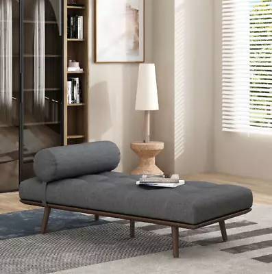 Chaise Lounge Chair Indoor Sofa Lounger Day Bed Bedroom Gray Tufted Linen Fabric • $399.99