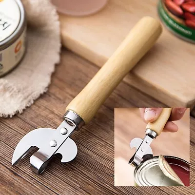 Stainless Steel Manual Tin Can Opener Jar Lid Gripper Wood Handle Tool Kitchen • $7.99