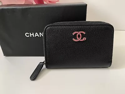 CHANEL Black Leather Camellia Zip Coin Purse Petite Wallet With Pink CC • $690