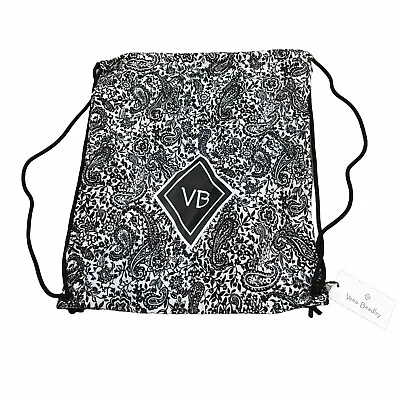 Rare NWT Vera Bradley Eden Paisley Black/White Drawstring Backpack Gym Bag Cute • $11.50