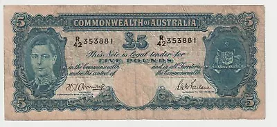 1941 Comm. Of Australia 5 Pounds Banknote - R46 Armitage/McFarlane Good # 31923 • $88
