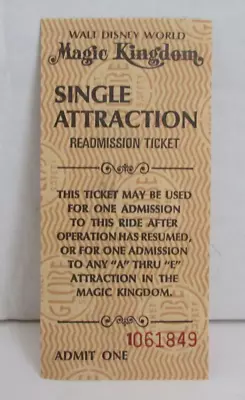1970's Walt Disney World Magic Kingdom Single Attraction Readmission Ticket • $29.99