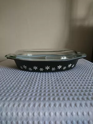 Vintage Jaj Pyrex Gaiety Snowflake Oval Black Divided Serving/casserole Dish&lid • £14.99