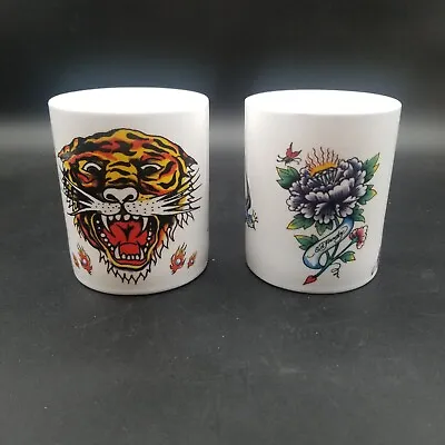2 Ed Hardy Tattoo Designs - Geisha/Tiger & Queen Bird Mugs Porcelain- 14 Oz EUC • $18