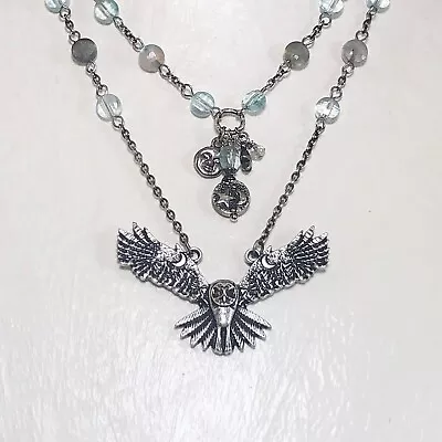 Viking Pewter Owl W Faceted Aquamarine And Labradorite Gemstone Coin Beads • $21.99