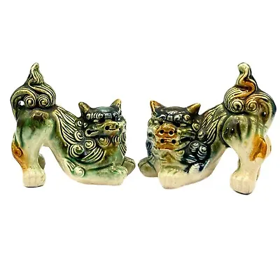 VTG Chinese Foo Dogs Pair Guardian Lions Feng Shui Green Cream Gold • $48