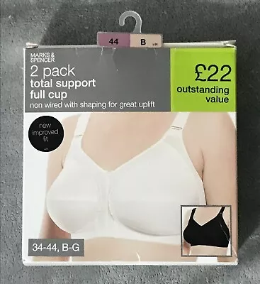 2 Pack M&S LINGERIE 44B Unpadded TOTAL SUPPORT BRAS Non Wired WHITE/BLACK Bnib • £14.99