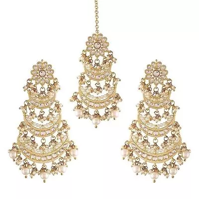 Bollywood Style Gold Plated Indian Jewelry Pearl Kundan Jhumka Earring Tikka Set • $36.58