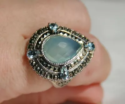 Nf Sterling Silver 925 Marcasite Pear Aquamarine Cocktail Heavy Ring Sz 7.5 • $39.99